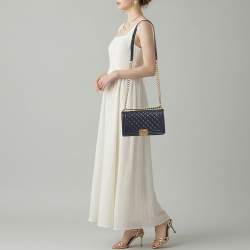 Pre Owned Chanel Boy Medium Dark Blue Quilted Caviar Leather Flap Bag