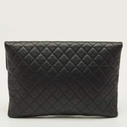 Pre Owned حقيبة كلتش شانيل كبيرة جلد كافيار أسود مبطن