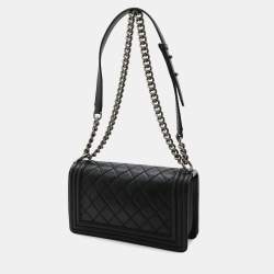 Pre Owned حقيبة كتف شانيل بوي شانيل 25 خياطة برية ماتيلس كو كو مارك سلسلة جلد العجل الناعم أسود