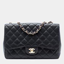 Pre Owned شنطة شانيل كبيرة كلاسيكية من جلد العجل المحبب بغطاء واحد بلون أسود