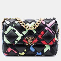Pre Owned Chanel Black Medium Lambskin and Printed Silk Fixation 19 Flap