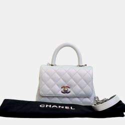 Pre Owned حقيبة شانيل زرقاء صغيرة جدًّا قزحية جلد كافيار قوس قزح CC كوكو بمقبض علوي