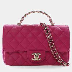 Pre Owned Chanel Mini Pink Lambskin Crystal Rectangular Top Handle Classic Flap Bag