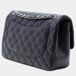 Pre Owned حقيبة شانيل كلاسيك جلد حمل أسود جامبو بقلب مزدوج