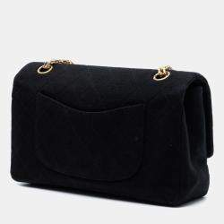 Pre Owned حقيبة شانيل كلاسيك جيرسي سوداء متوسطة بسلاسل بيجو وقلابة مزدوجة