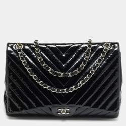 Pre Owned Chanel Classic Single Flap Maxi Black Chevron Patent Leather Bag