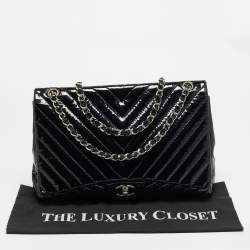 Pre Owned Chanel Classic Single Flap Maxi Black Chevron Patent Leather Bag