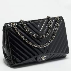 Pre Owned Chanel Classic Single Flap Maxi Black Chevron Patent Leather Bag