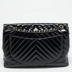 Pre Owned Chanel Classic Single Flap Maxi Black Chevron Patent Leather Bag