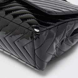 Pre Owned Chanel Classic Single Flap Maxi Black Chevron Patent Leather Bag