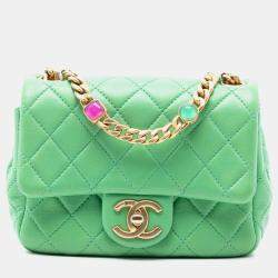 Pre Owned Chanel Green Mini Square Lambskin Pearl Samba Flap