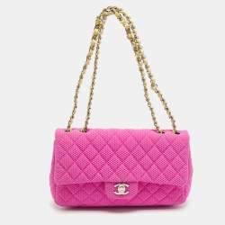 Pre Owned Chanel Classic Single Flap Medium Pink Perforated Quilted Jersey Bag