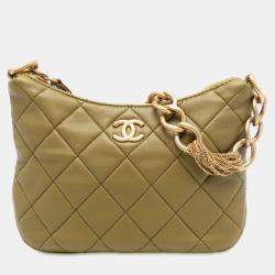 Pre Owned Chanel Green Paris Dakar Quilted Lambskin Mixed Chain Hobo