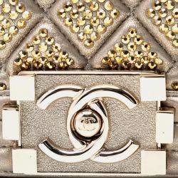 Pre Owned شنطة كلتش شانيل بوي مبطن جلد حمل ناعم ذهبي مرصع