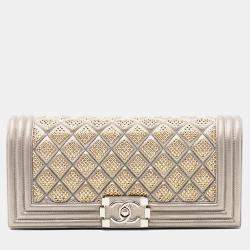 Pre Owned Chanel Gold Quilted Lambskin Studded Boy Flap Clutch