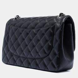Pre Owned حقيبة شانيل غطاء مزدوج كلاسيك جلد حملان أسود جامبو