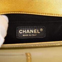 Pre Owned Chanel Gold Small Quilted Metallic Patent Boy Flap