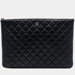 Pre Owned Chanel Black Large Quilted Lambskin O Case Clutch