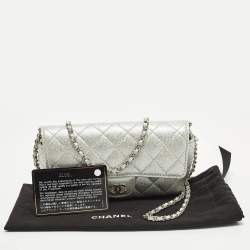 Pre Owned Chanel Silver Quilted Glitted Effect Caviar Leather Glasses Case Chain Pouch  