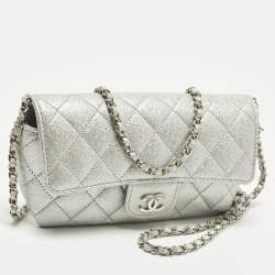 Pre Owned Chanel Silver Quilted Glitted Effect Caviar Leather Glasses Case Chain Pouch  