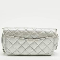 Pre Owned Chanel Silver Quilted Glitted Effect Caviar Leather Glasses Case Chain Pouch  