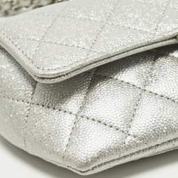 Pre Owned Chanel Silver Quilted Glitted Effect Caviar Leather Glasses Case Chain Pouch  