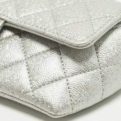 Pre Owned Chanel Silver Quilted Glitted Effect Caviar Leather Glasses Case Chain Pouch  