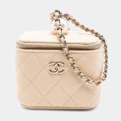 Pre Owned Chanel Brown Mini Quilted Iridescent Caviar Pearl On Top Vanity Case With Chain