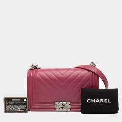 Pre Owned Chanel Pink Old Medium Chevron Lambskin Boy Flap