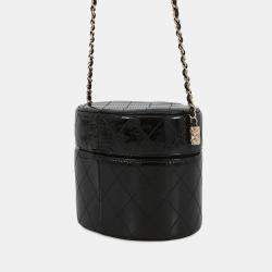 Pre Owned شنطة شانيل كتف سلسلة الغرور جلد براءة سوداء