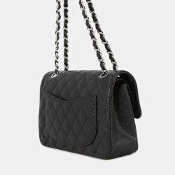 Pre Owned Chanel Matelasse Double Flap Chain Shoulder Bag Black Caviar Leather Size 23