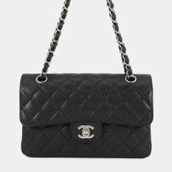 Pre Owned Chanel Matelasse Double Flap Chain Shoulder Bag Black Caviar Leather Size 23