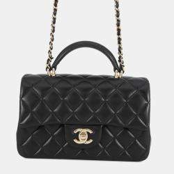 Pre Owned حقيبة شانيل قلاب صغير بمقبض علوي مطراز من جلد الحملان الأسود