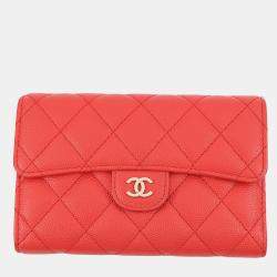 Pre Owned Chanel Matelasse Cc Logo Flap Wallet Red Caviar Leather