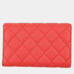 Pre Owned Chanel Matelasse Cc Logo Flap Wallet Red Caviar Leather