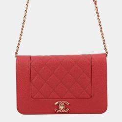 Pre Owned Chanel Mademoiselle Chain Wallet Red Caviar Leather
