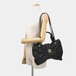 Pre Owned Chanel Matelasse Ribbon Bow Bag 2Way Handbag Black Lambskin