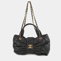Pre Owned Chanel Matelasse Ribbon Bow Bag 2Way Handbag Black Lambskin