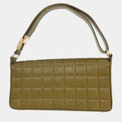 Pre Owned Chanel Khaki Lambskin Choco Bar Shoulder Bag