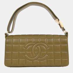 Pre Owned Chanel Khaki Lambskin Choco Bar Shoulder Bag