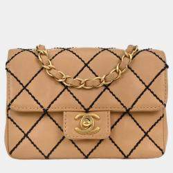 Pre Owned Chanel Beige Calfskin Wild Stitch Shoulder Bag