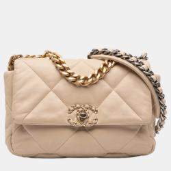 Pre Owned حقيبة شانيل جلد خروف بني متوسط 19 بكقلاپ