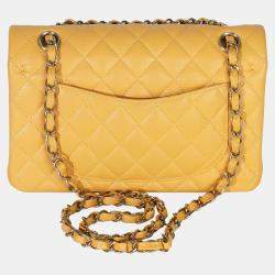 مملوكة مسبقًا حقيبة شانيل صفراء كافيار مبطنة كلاسيكية صغيرة بغطاء مزدوج