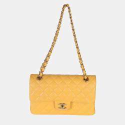 مملوكة مسبقًا حقيبة شانيل صفراء كافيار مبطنة كلاسيكية صغيرة بغطاء مزدوج