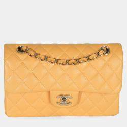 مملوكة مسبقًا حقيبة شانيل صفراء كافيار مبطنة كلاسيكية صغيرة بغطاء مزدوج