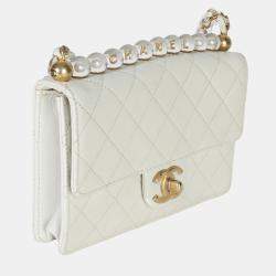 Pre Owned Chanel White Quilted Goatskin Small Chic Pearls Flap Bag