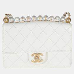 Pre Owned Chanel White Quilted Goatskin Small Chic Pearls Flap Bag