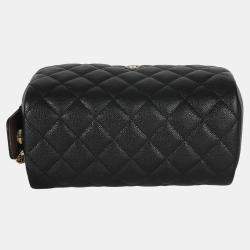 Pre Owned Chanel Black Quilted Caviar Toiletry Case With Chain