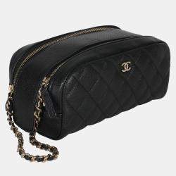 Pre Owned Chanel Black Quilted Caviar Toiletry Case With Chain