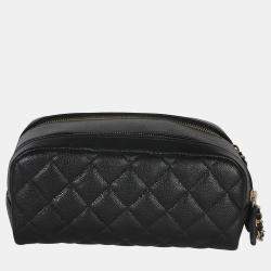 Pre Owned Chanel Black Quilted Caviar Toiletry Case With Chain